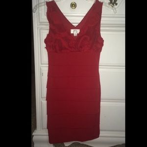 red fitted dress with floral top