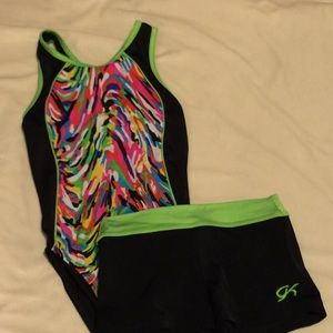 GK gymnastics leotard and matching shorts