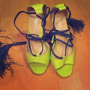 Green and blue ankle strap sandal heels