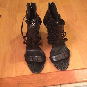 Black strappy reptile heels