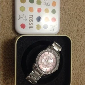 Fossil silver and pink watch with rhinestones