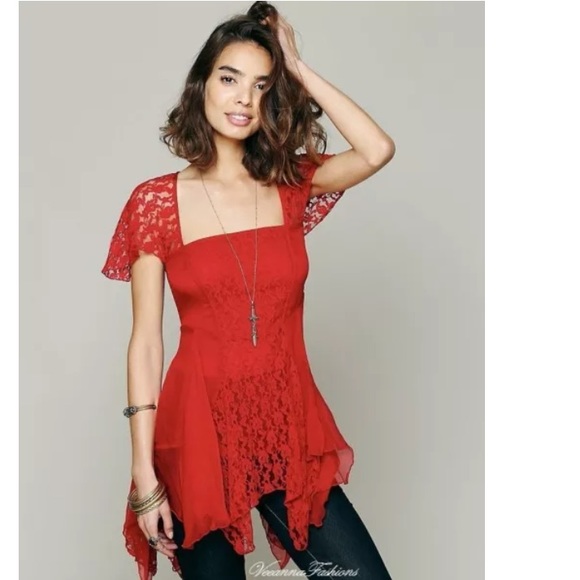 Free people Red Lace Top