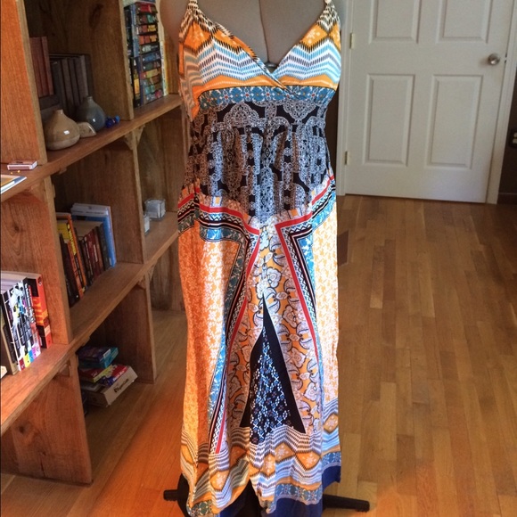 Vibrant pattern halter maxi dress