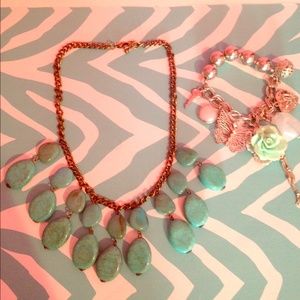 Turquoise necklace with silver bracelet. Bundle.