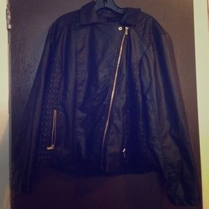 Faux leather, diagonal zipper jacket.