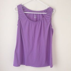 Purple sleeveless top, ruffled neck and arms