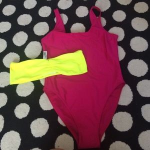 One piece bathing suit with bandeau top piece