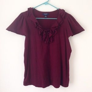 Maroon or garnet top with ruffles and tie front