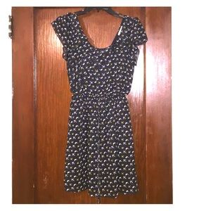 Black hipster bird print dress with low back