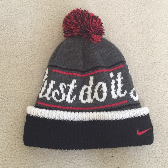 Nike black red and grey Pom Pom beanie