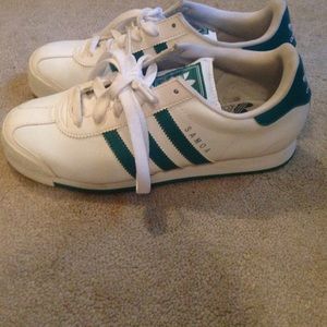 White and turquoise Adidas Samoa shoes