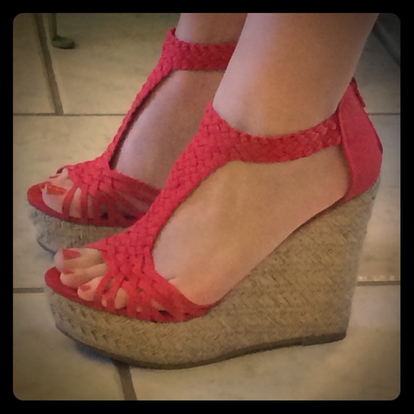 Deep Orange T-strap Wedges