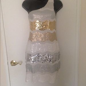 One shoulder white, gold and silver dress
