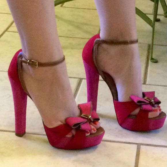 Red & Pink Suede Bow Heels