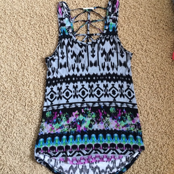 Grey, black, green, blue, and purple print tank
