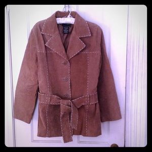 Tan suede jacket with contrast stitching