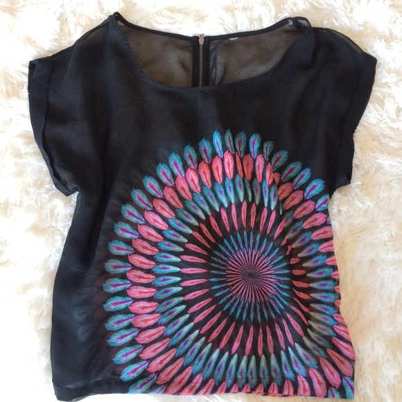 Xhilaration Tops - 🌿 Black, Pink, and Blue Feather Sheer Top