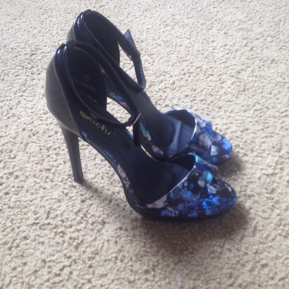 Black and floral strap peep toe heels