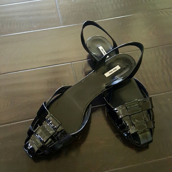 Miu Miu by Prada black patent leather flat sandals