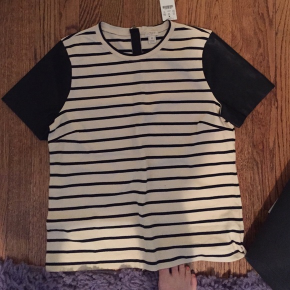 JCrew Striped Top W/ Faux leather Sleeves