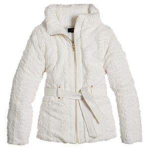 Iz Amy Byer Belted Faux White Fur Coat