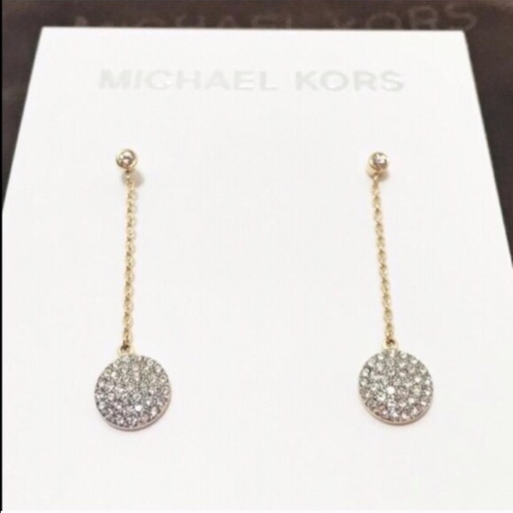 NWT Michael Kors Gold Pave Disc Drop Earrings - Picture 2 of 4