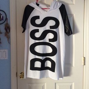 BOSS tshirt dress faux leather on sleeves w/ hood