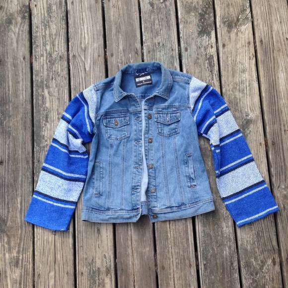 Urban Renewal Jean Jacket w Blue Striped Sleeves - Picture 1 of 4