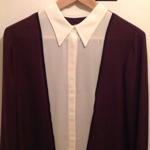 A.L.C. silk tunic blouse maroon cream black trim