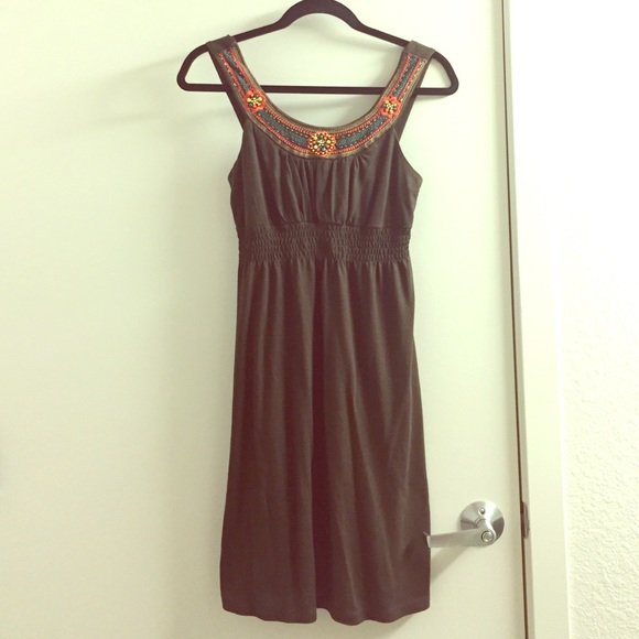 Chocolate brown empire waist dress w beaded neck