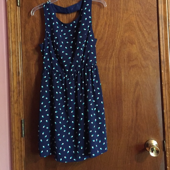 Navy blue dress with green and white design