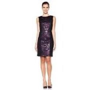Black and eggplant brocade ponte dress