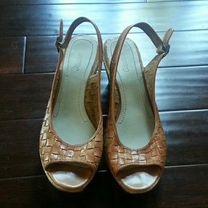 Woven leather camel wedges