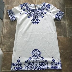 Blue and white shift dress