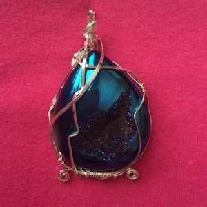 Blue Titanium Quartz Sterling Silver Wire Pendant