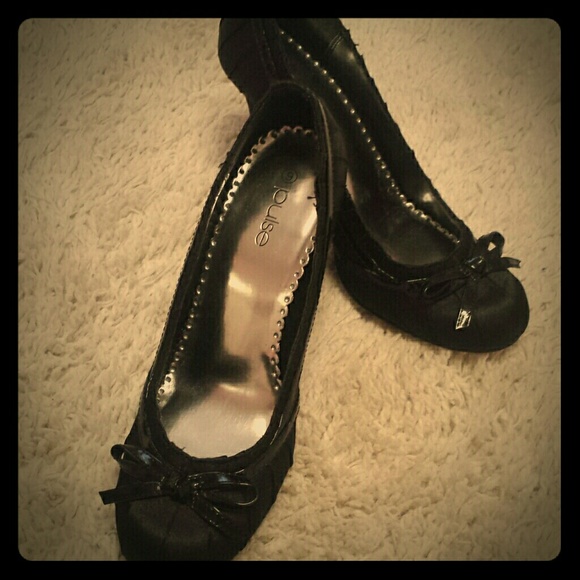 Black satin and patent heels