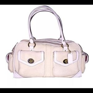 Beige/white canvas and leather Coach Handbag
