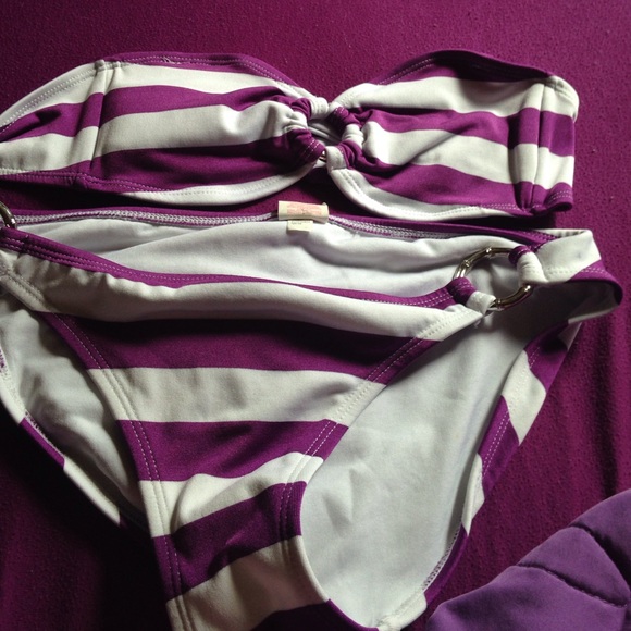 2 piece swimsuit purple and white stripes