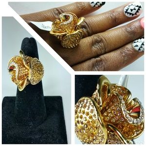 Gold tone multi Colored Rhinestone floral ring