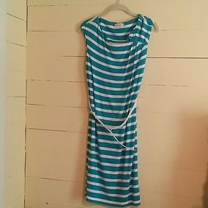 Calvin Klein blue sleeveles striped dress w/ belt