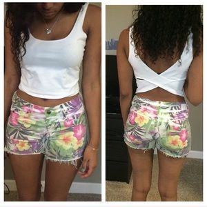 Tropical Print Denim Shorts
