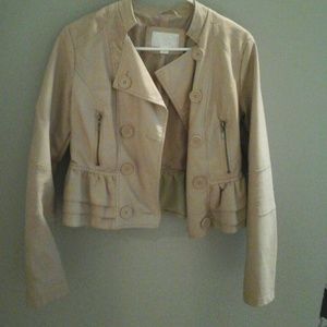 Cropped tan/pink leather jacket.
