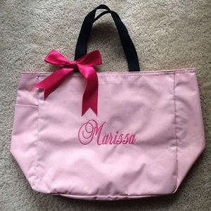 Light pink canvas tote embroidered w_name Marissa