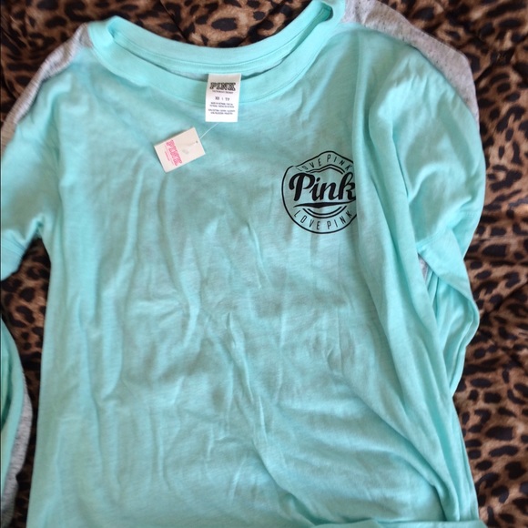 VS PINK Varsity Crew Tees in mint and white.