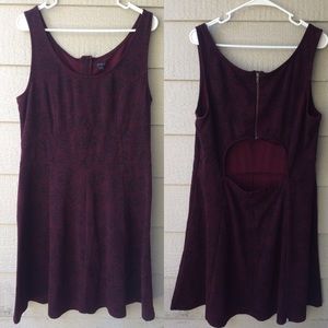 🔮 burgundy cutout skater dress w/ floral accents