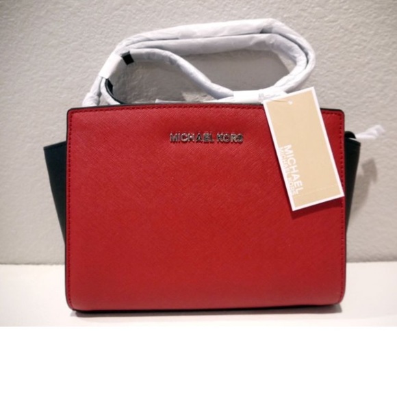 NWT MICHAEL Selma SCARLET RED BLK Saffiano Medium
