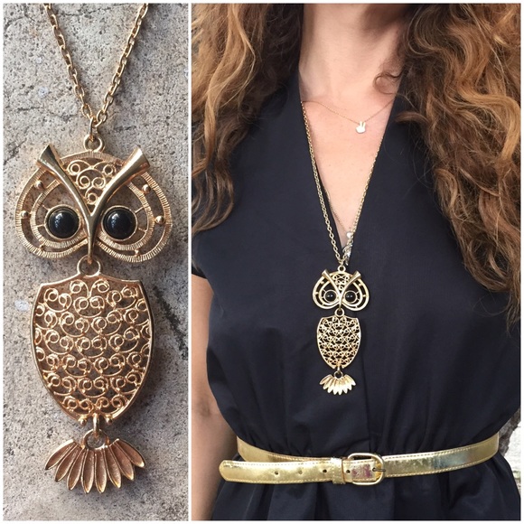 SOLD: Vintage Owl Necklace Faux Gold Dangle