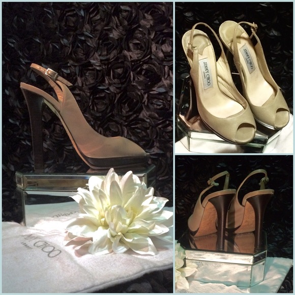 JIMMY CHOO BEIGE SLINGBACK PEEP TOE PLATFORM HEELS