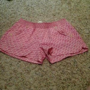 Pink printed silk shorts.