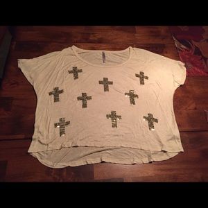 Beige crop top with gold sequin crosses all over